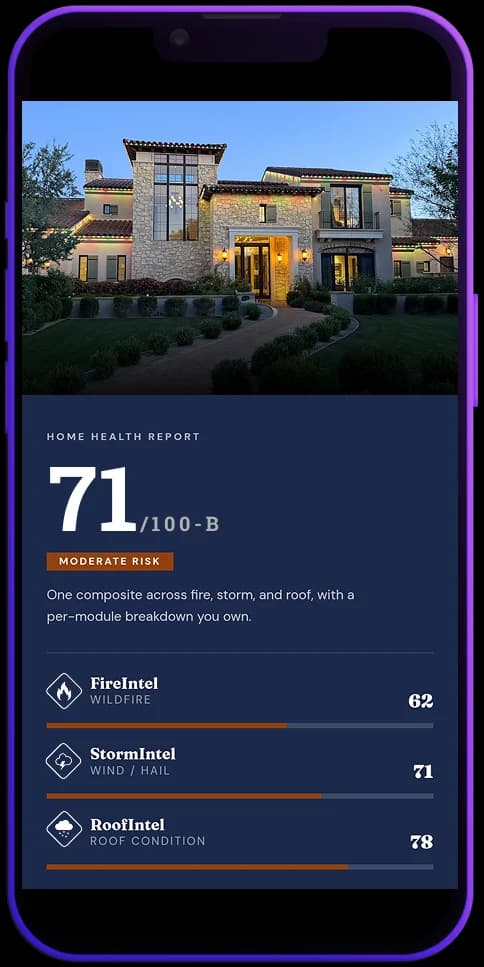 A phone showing a sample Home Health Report with a HealthIntel of 71 out of 100